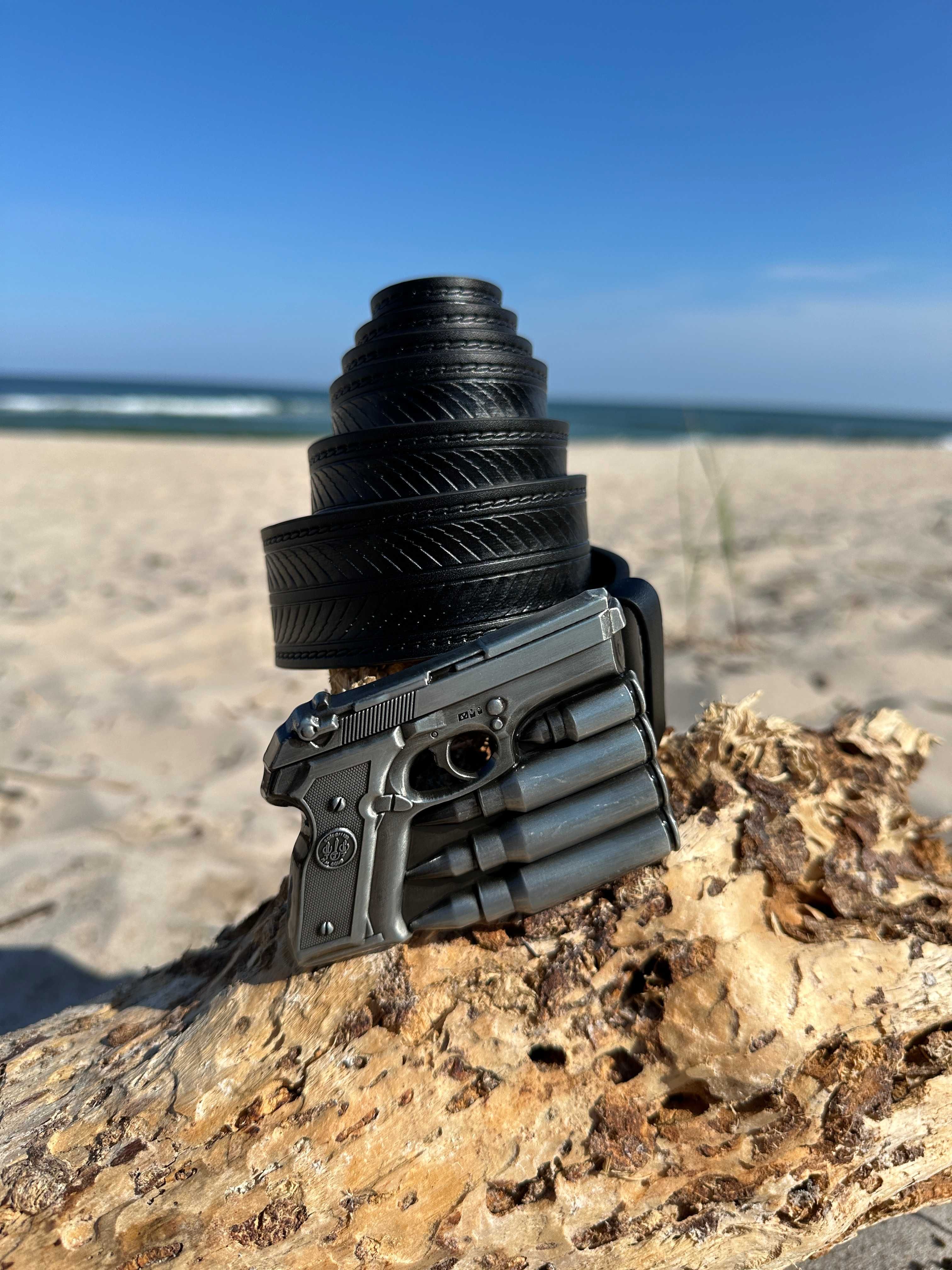 Pasek Skórzany Kowbojski Cowboy Pistolet Bullets Klamra Black Czarny