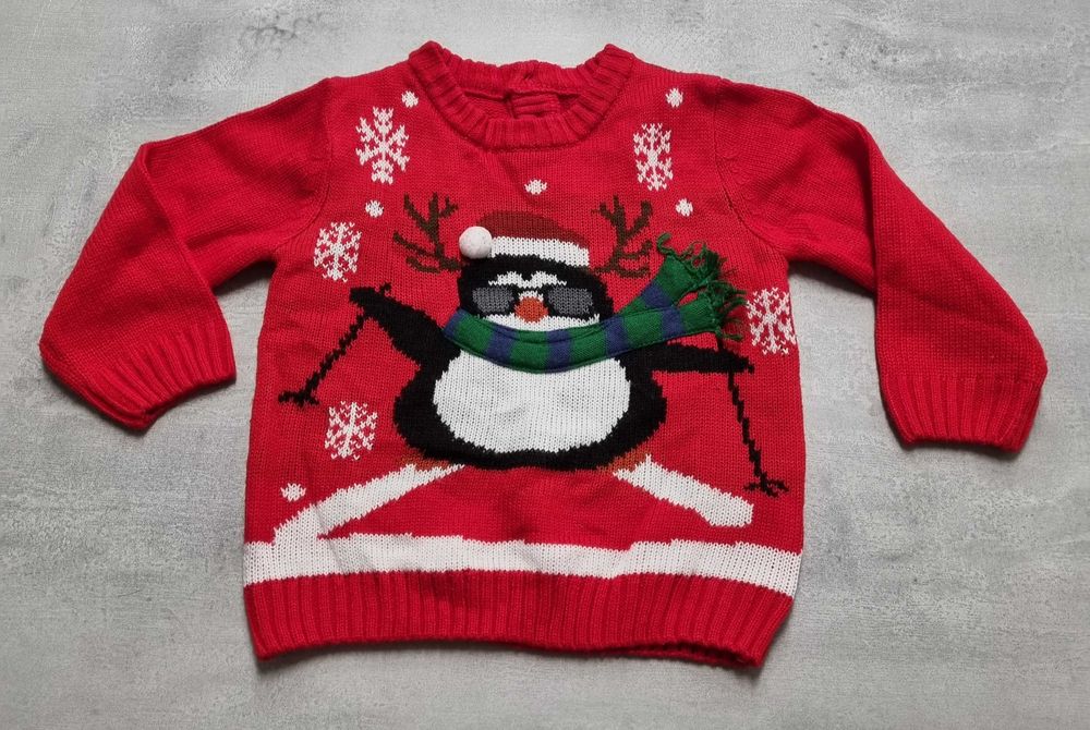 Sweter 80 86 na święta świąteczny zimowy czerwony pingwin dla chłopca