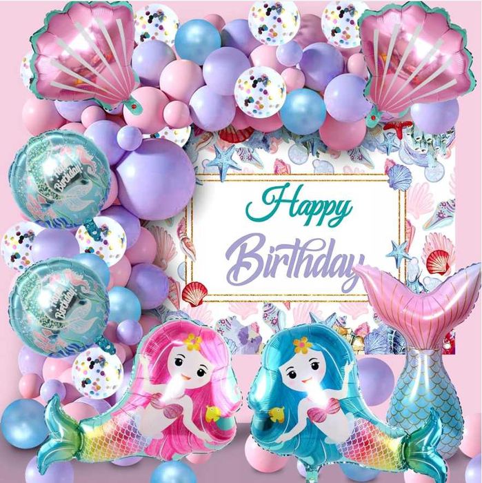 Balony dekoracja urodzinowa dla dzieci z syrenką + tło do zdjęć Zestaw