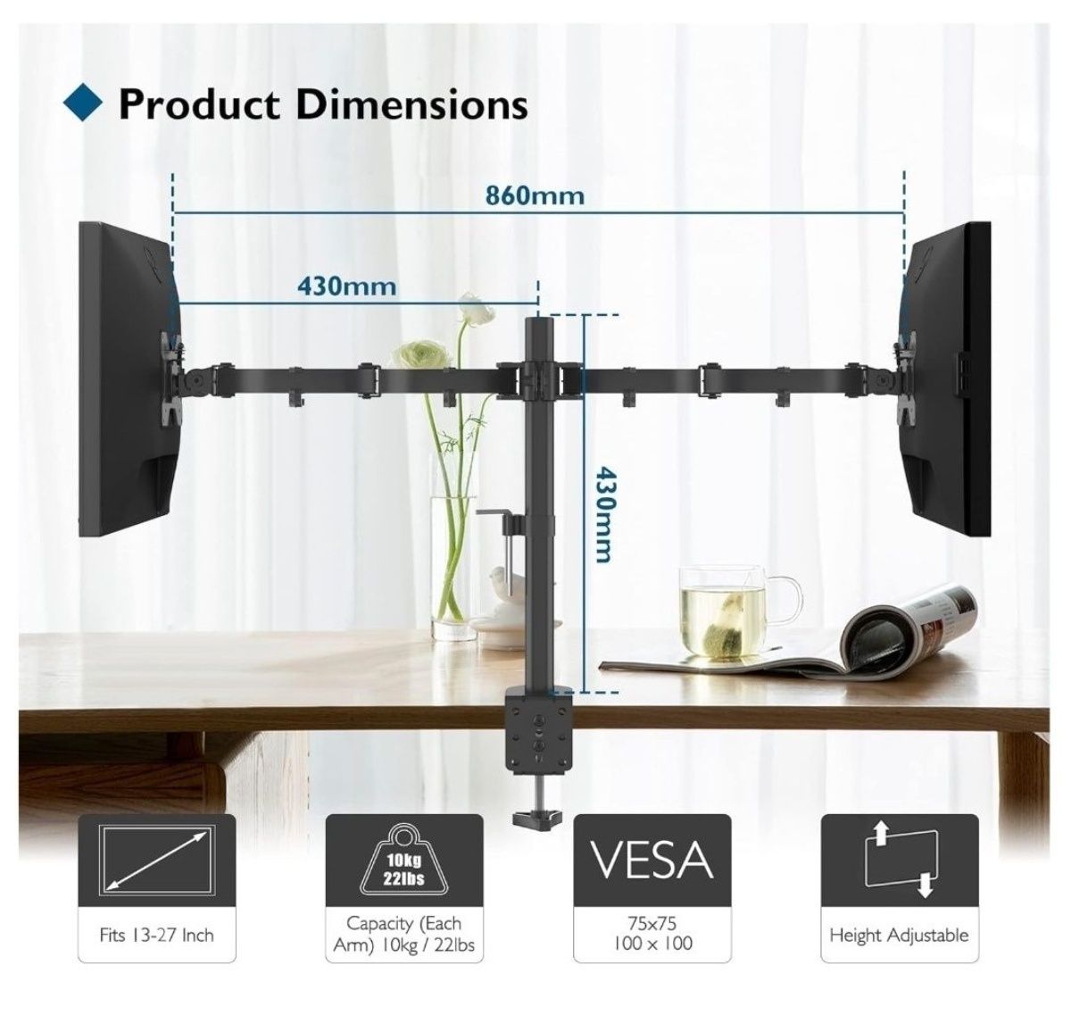 Uchwyt na dwa monitory BONTEC, 13 - 27 cali, do 10 kg na jeden monitor