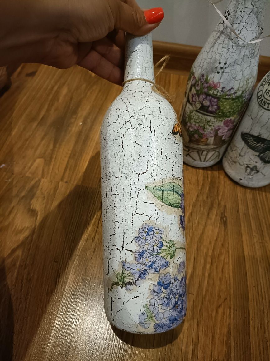 Decoupage ozdobne butelki bez róże szarość spękania hand made