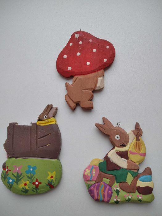 Винтажные елочные деревянные игрушки серии "Весёлые зайцы" Германия.