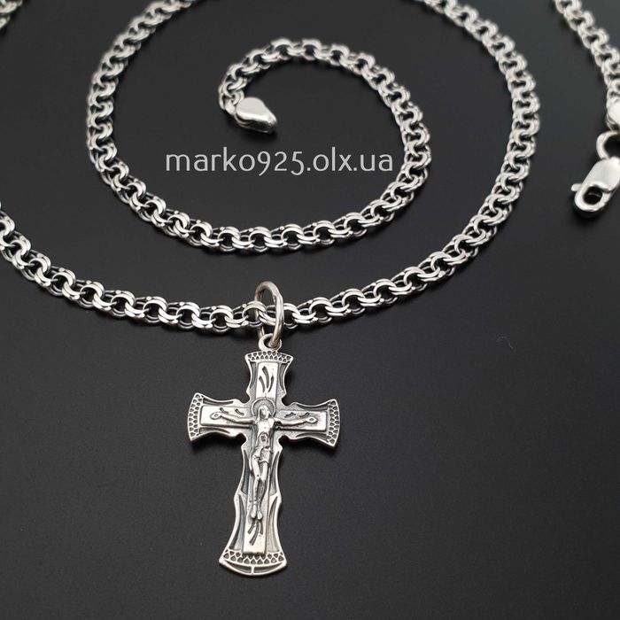 Срібна чоловіча цепочка ланцюжок Бісмарк з хрестиком кулоном 925 проба