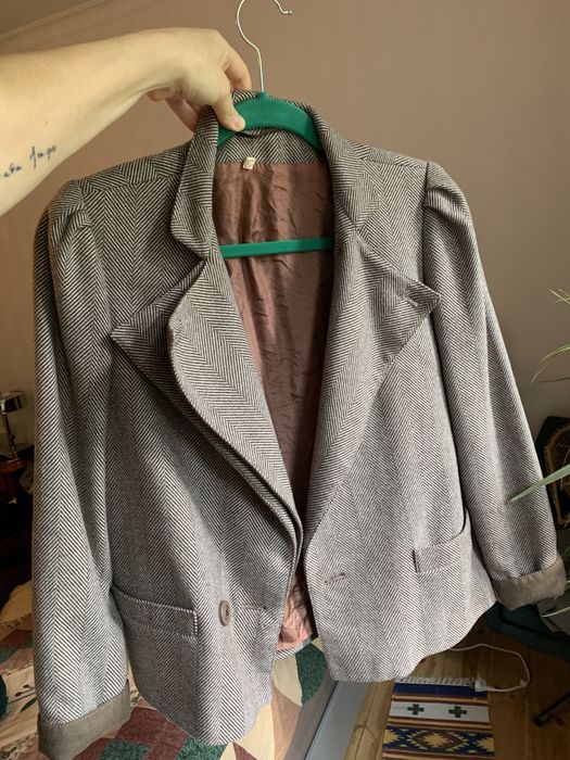 Vintage retro marynarka ramoneska bomberka S wełna pepitka jodełka