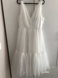 Sukienka midi tiulowa falbanki biała chrzest ślub poprawiny