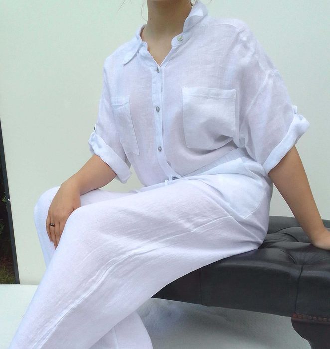 Nowa lniana biała koszula bluzka 100% len puro lino S M L uniwersalna