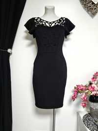 348. Elegancka mała czarna sukienka damska ażur falbany M L 38 40
