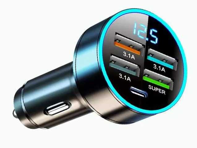 Carregador USB para isqueiro carro com display 5 portos