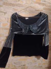 (42/XL) Monnari/ Bogato zdobiona, aksamitno-srebrna bluzka wieczorowa