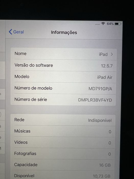 Ipad Air    Versao software 12.9 de 16gb