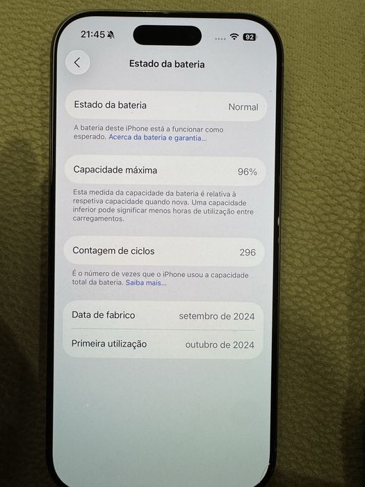 iPhone 16 Pro, 128Gb, 96% de capacidade da bateria
