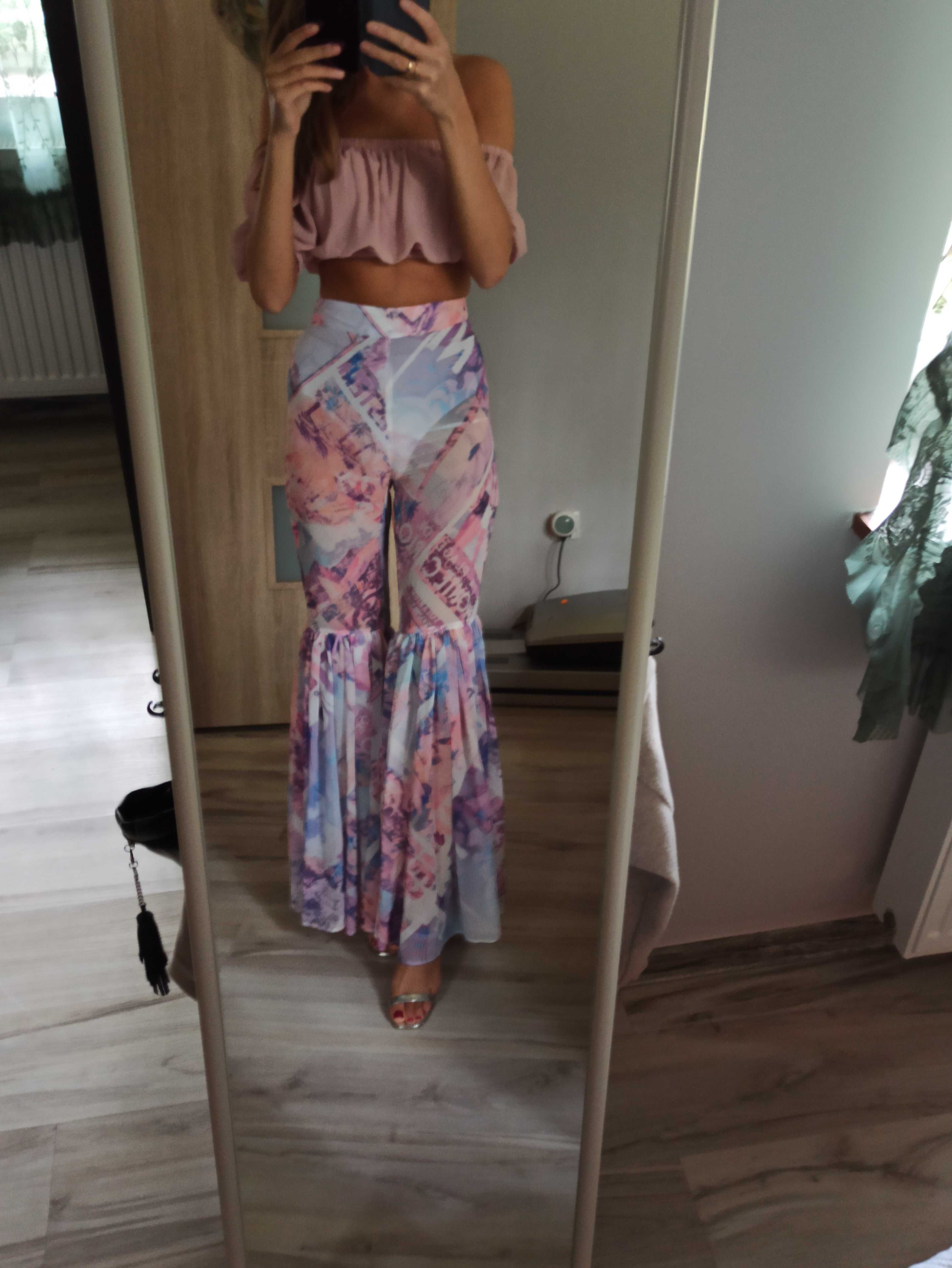 Spodnie dzwony damskie wyższy stan transparentne festiwalowe siatka xs