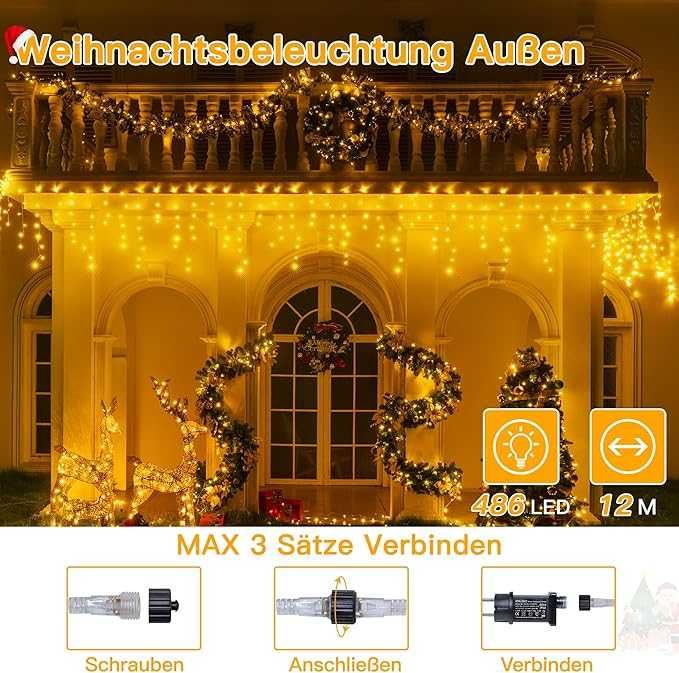 Zewnętrzne lampki LED 12 m, 486 szt., Timer, Pilot, IP44, Ciepła biel