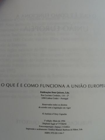 O Que É e Como Funciona a União Europeia de António D` Orey Capucho 1ª