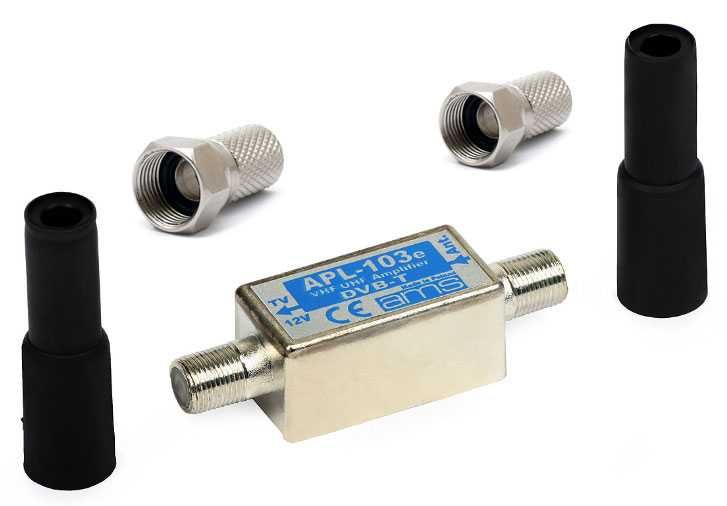 Wzmacniacz antenowy telewizyjny TV APL-103 10/14 dB + wtyk typu F 2szt