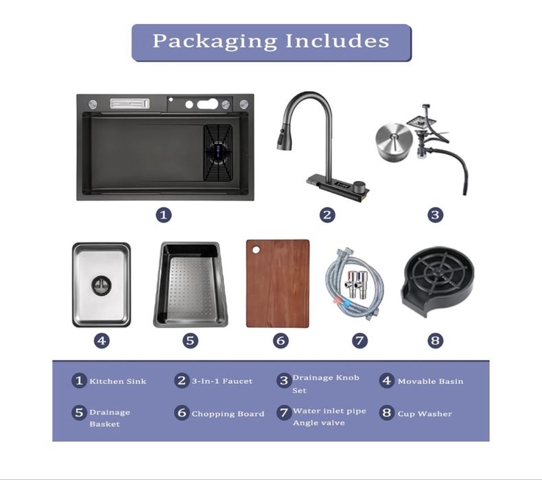 Nowoczesny zlewozmywak kuchenny 80x45cm z wodospadem i wyświetlaczem