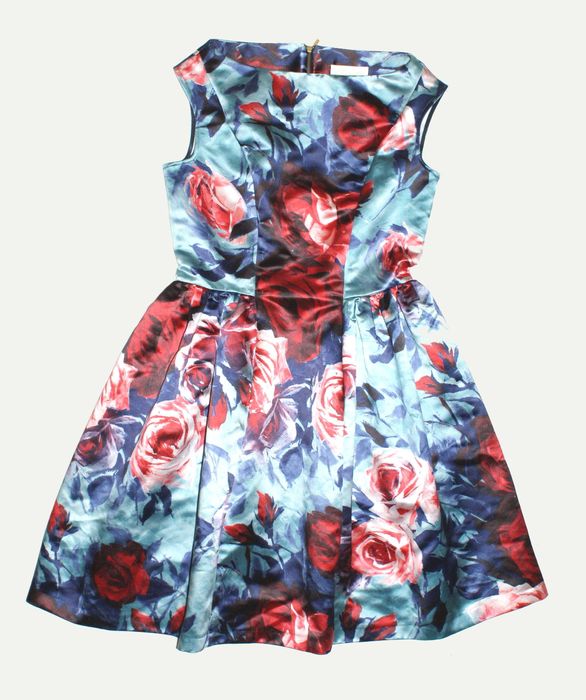 CLOSET London_Piękna Sukienka_turkusowa kolorowe kwiaty elegancka_M/38