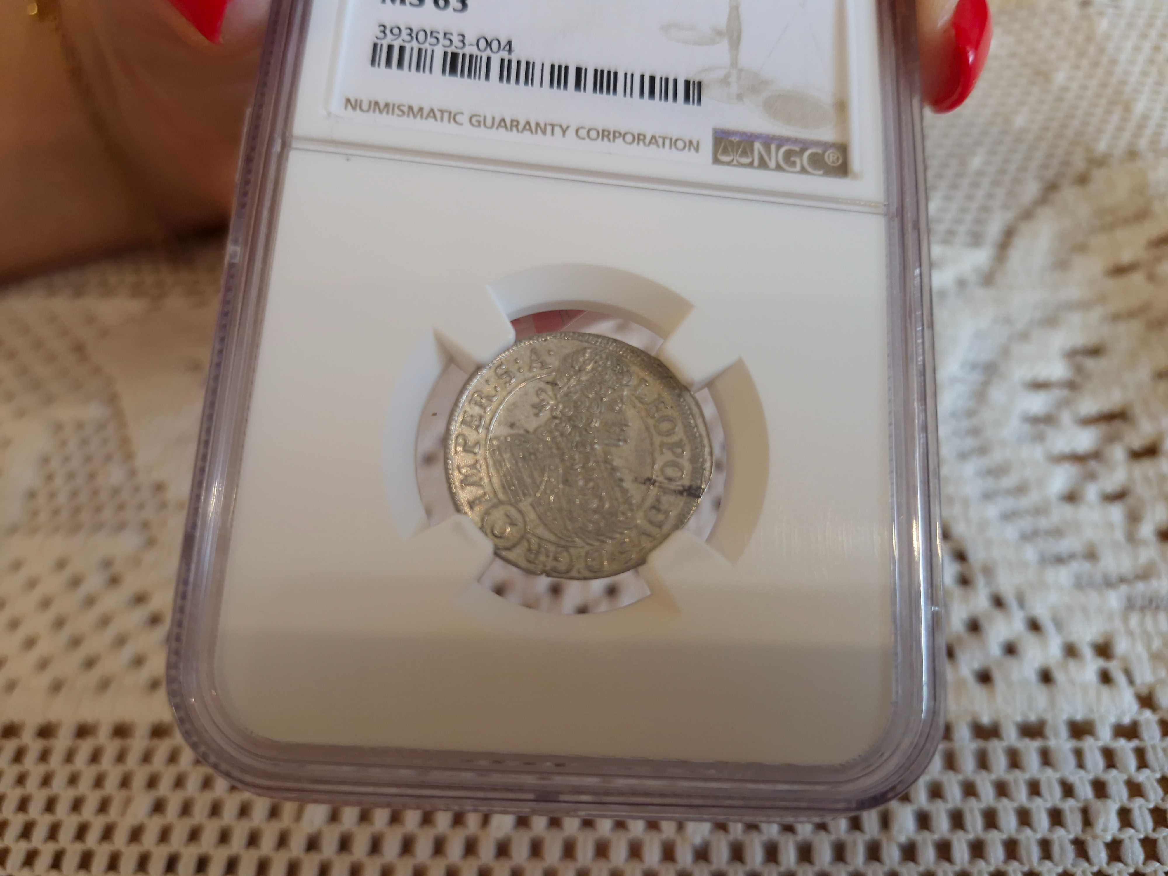 3 Krajcary 1696 rok Bohemia Leopold I ,Praga NGC MS63 , srebro ,monety