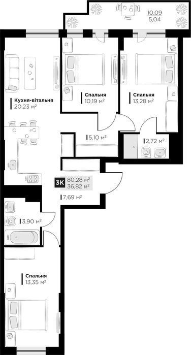 Продаж 3 кім. квартири Perfect Life Винники 80.28 м2