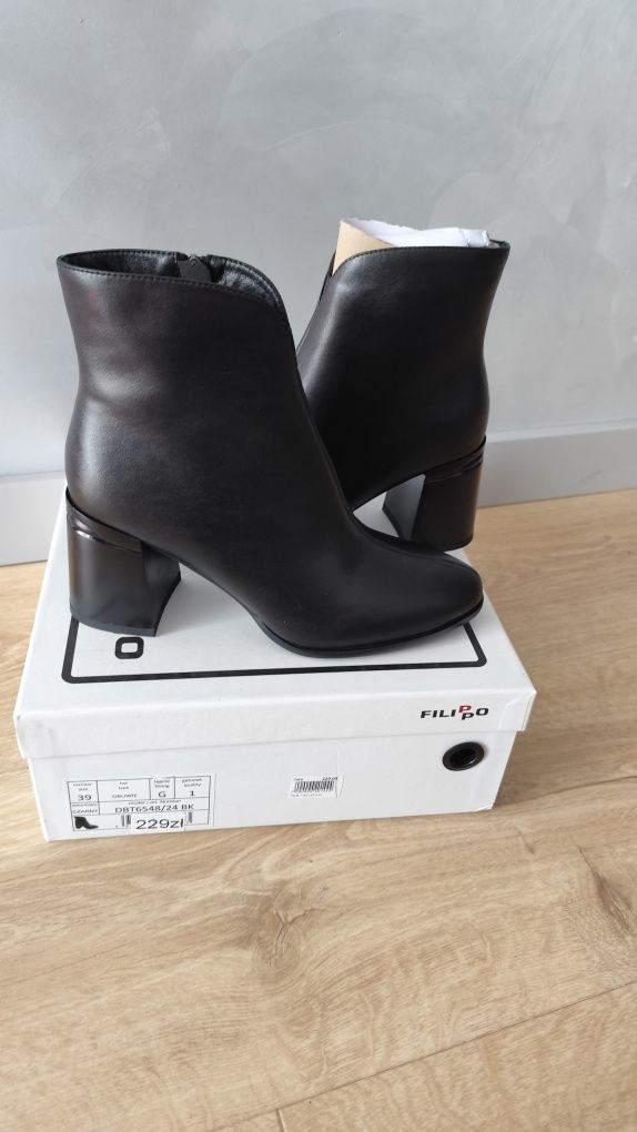 Nowe botki eleganckie czarne obcas skóra naturalna Filippo 39
