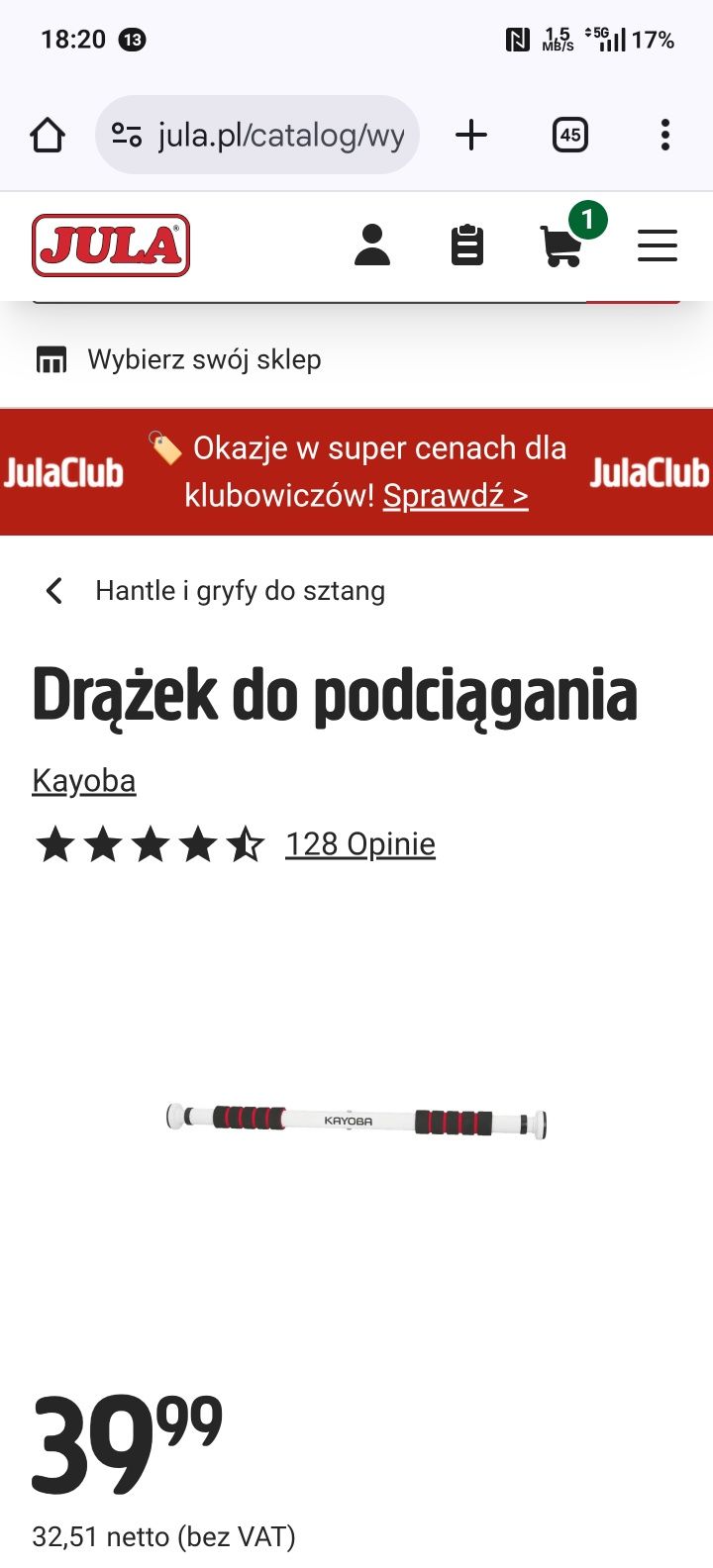 Drążek do podciągania kayoba 62-98cm