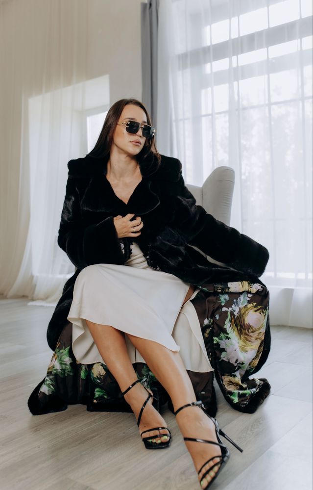 Шуба норкова black glama поперечка з поясом 150 см довжина р.М-Л