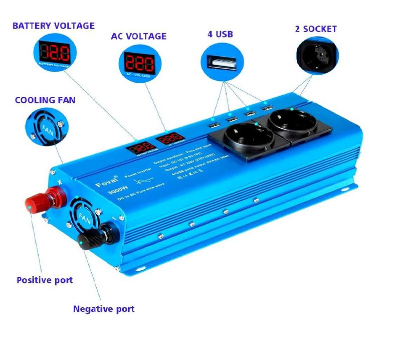 Інвертор Foval 3000w, перетворювач з 12В на 220В.