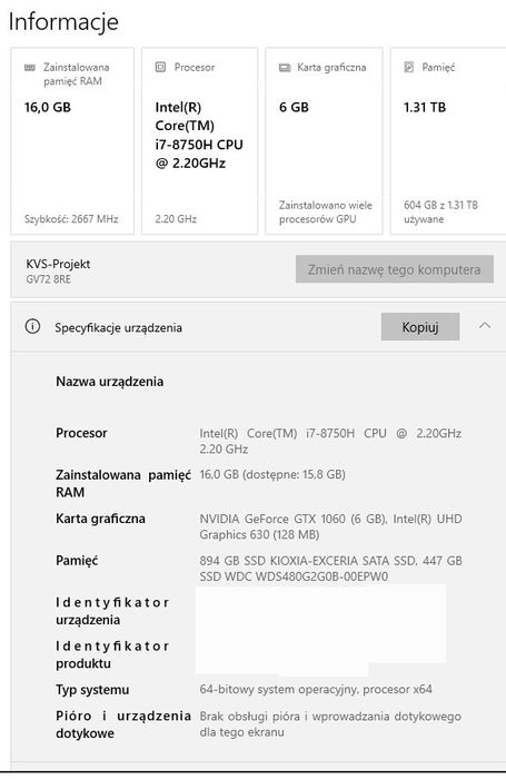 Laptop MSI GV72 8RE, i7-8750H, GTX1060, 1,5TB pamięć SSD, 16GB Ram