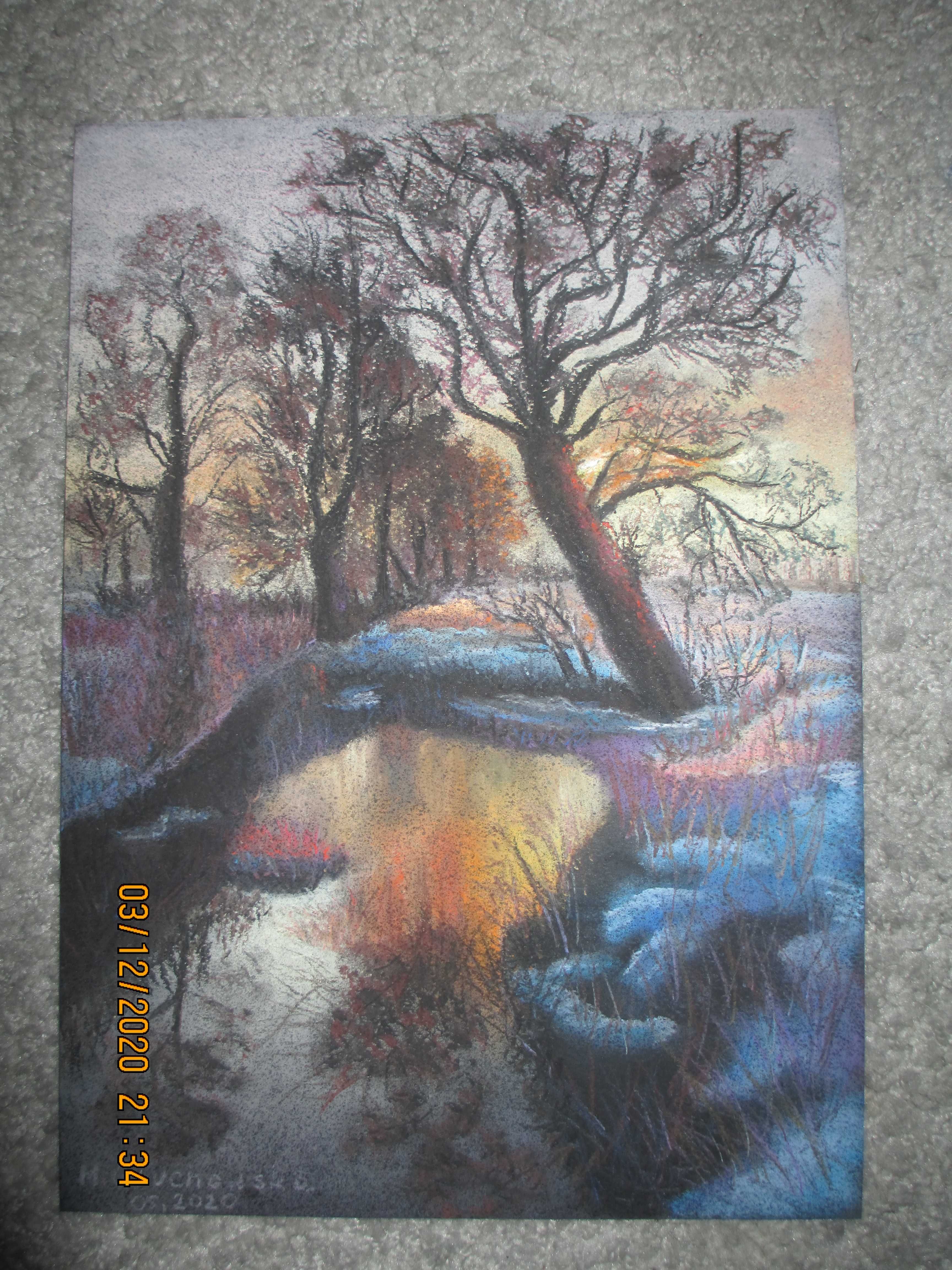 obraz pastel suchy - zima nad rzeką