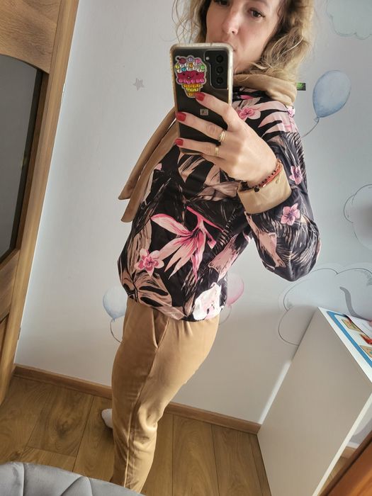 Komplet welurowy dres brazowy / beżowy bluza z kapturem L