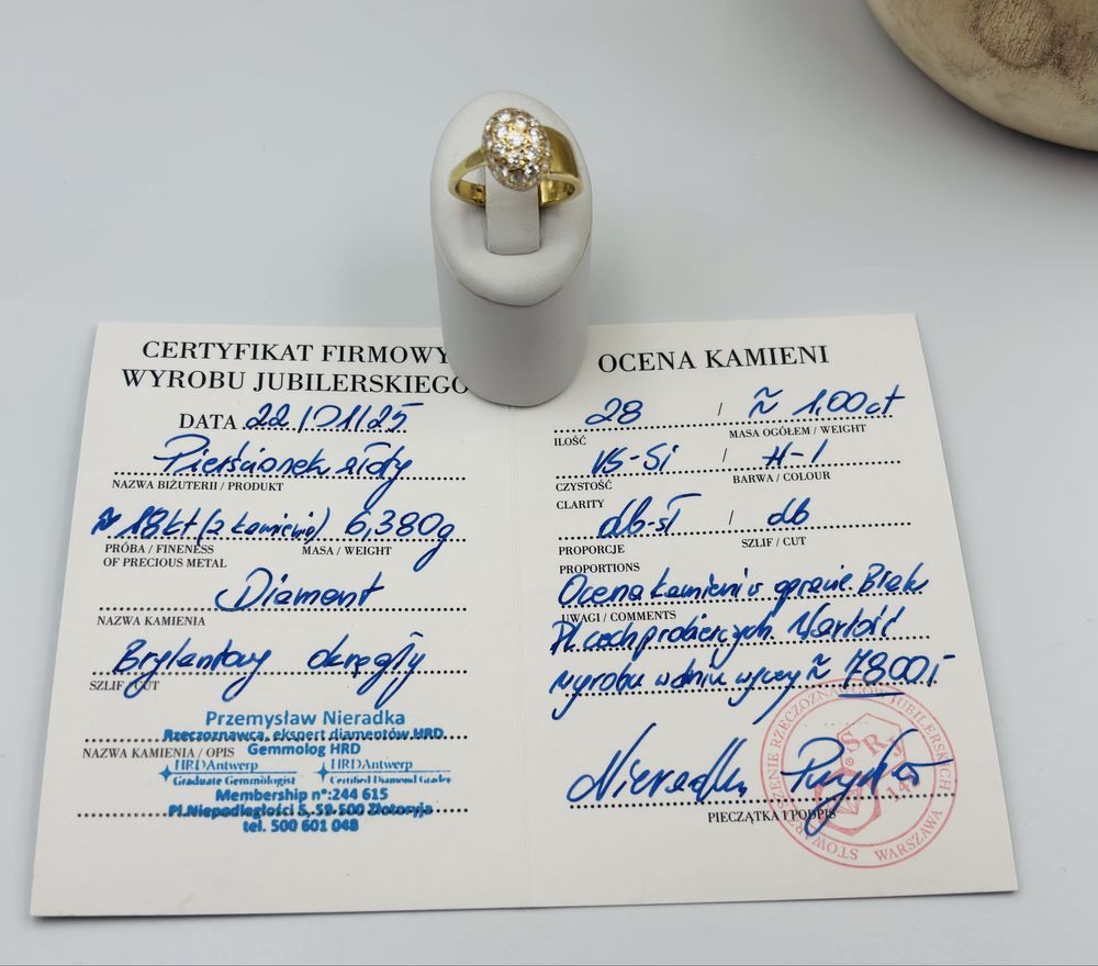 Pierścionek Złoty z Brylantami 750/18k 1.00ct Certyfikat roz16