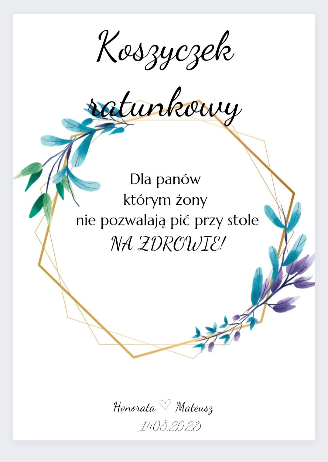 Koszyczek ratunkowy śmieszny napis na wesele ślub przyjęcie wzór pdf