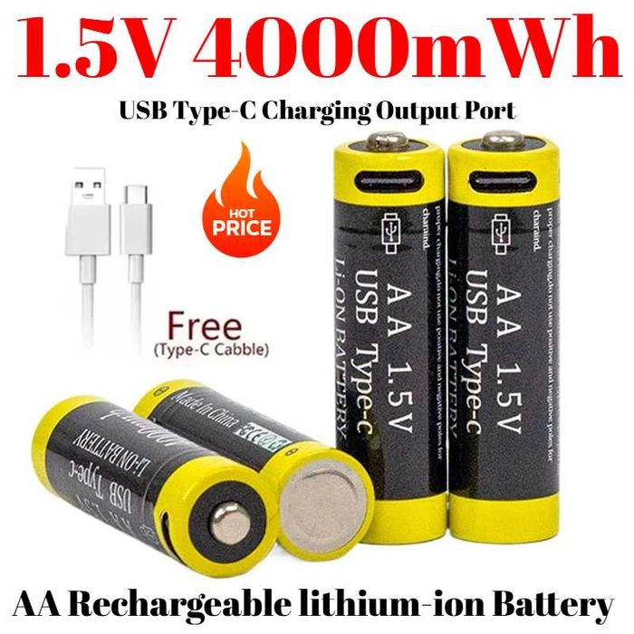 Аккумуляторы 2 шт АА 1,5В 4000мВч с USB Type-C и забудьте о батарейках