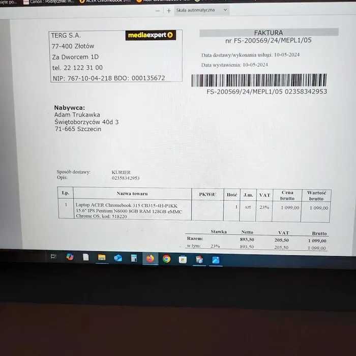 Laptop ACER Chromebook 315 CB315-4H-P1KK 15.6" IPS 8GB RAM 128GB