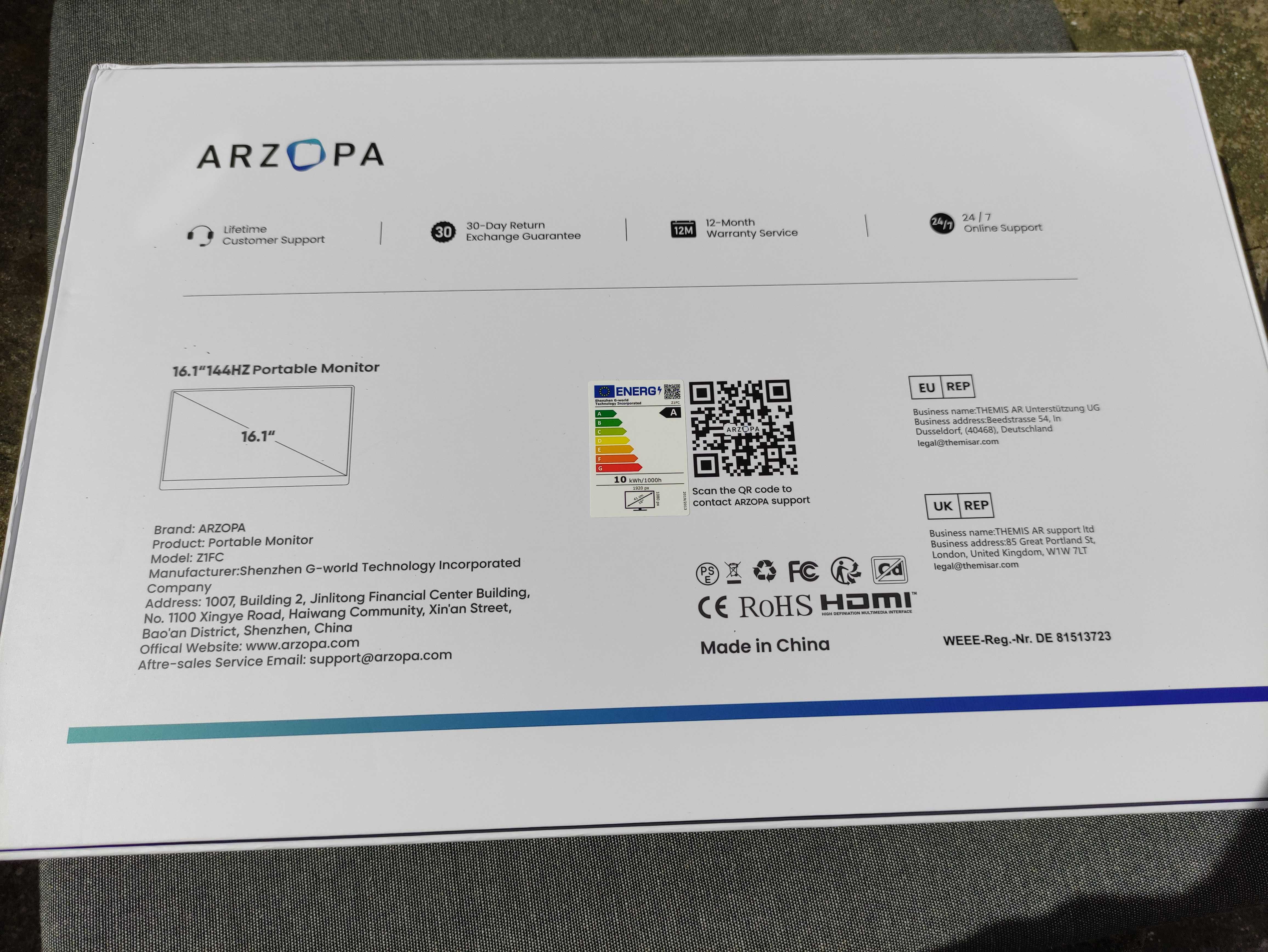 Monitor ARZOPA Z1FC Game 16.1" 1920x1080px IPS 144Hz HDR