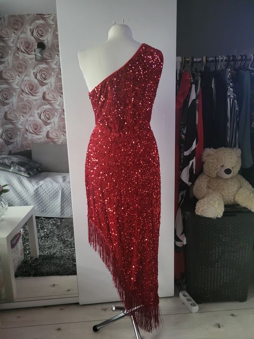 Czerwona cekinowa sukienka asymetryczna na jedno ramię XL-XXL