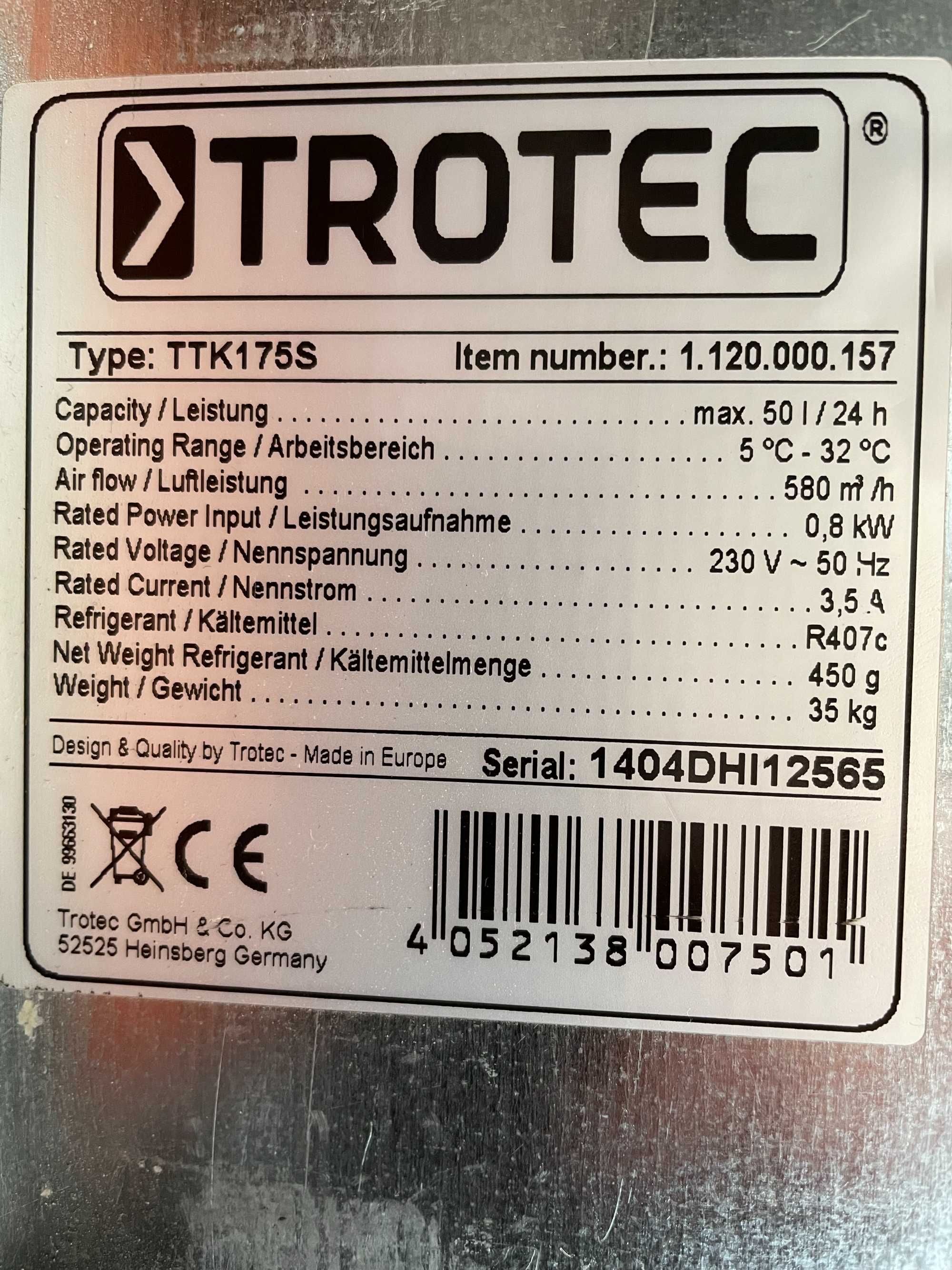 TROTEC TTK 175S Pochłaniacz Wilgoci, OSUSZACZ JAK NOWY Import Norwegia
