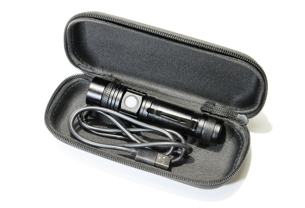 Latarka akumulatorowa LED USB alu bardzo mocna zoom kabel futerał