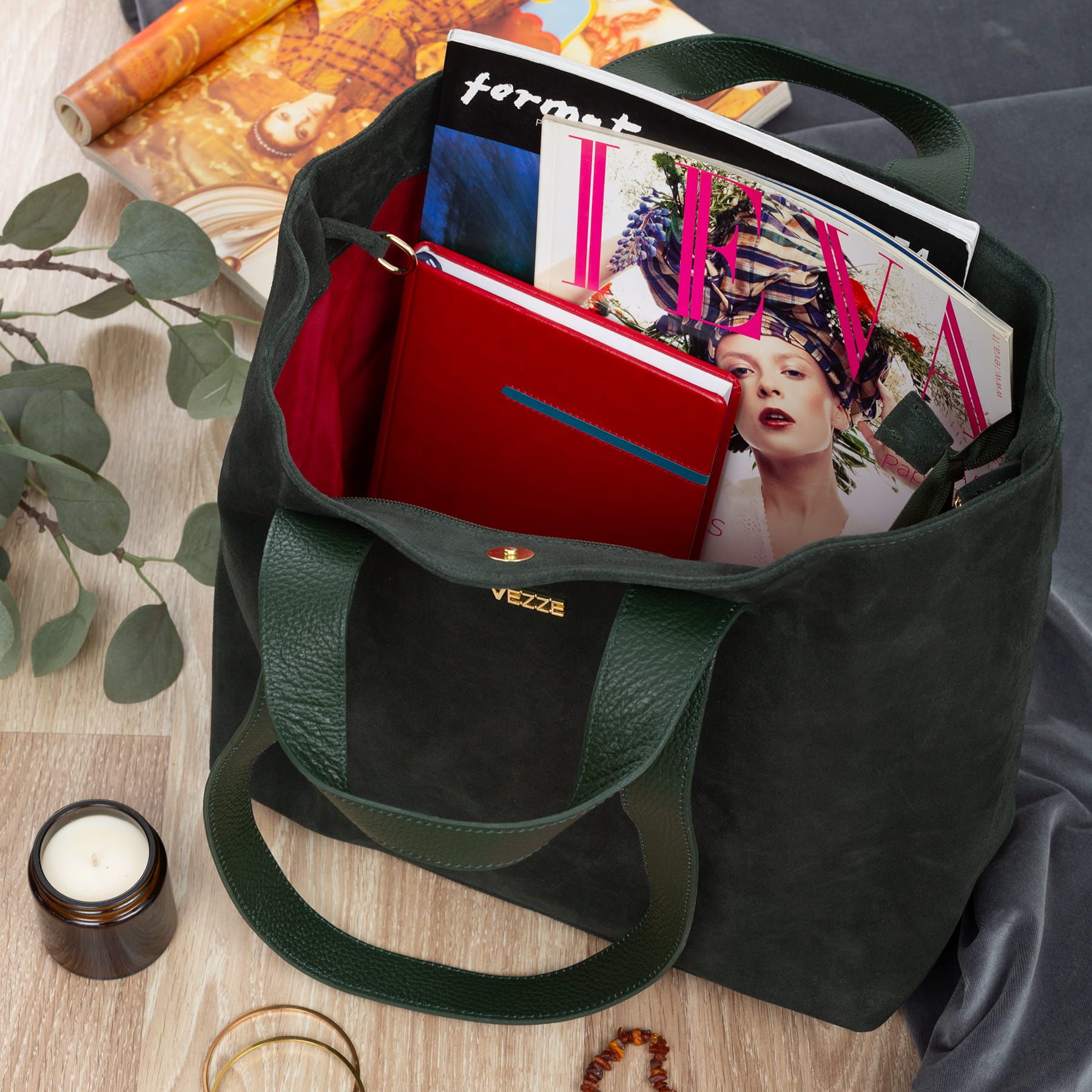 VEZZE torebka zamszowa shopper z długimi rączkami V498 c.zielona