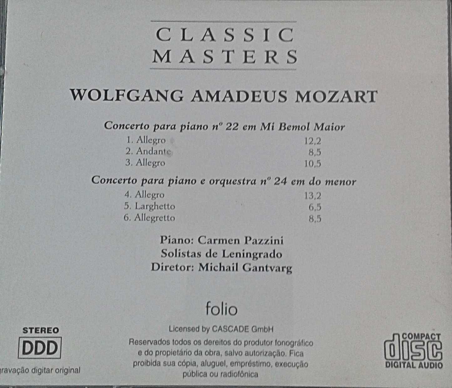 Mozart Concertos 22 e 24. Pazzini + Gantvarg. FOLI