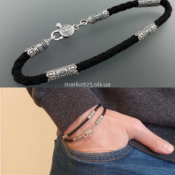 Чоловічий шовковий браслет зі срібними вставками Спаси і Збережи 4 мм
