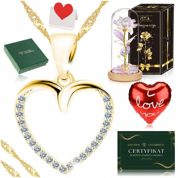 Złoty Damski Naszyjnik Serce 925/585 Łańcuszek Zawieszka + Róża Wieczn