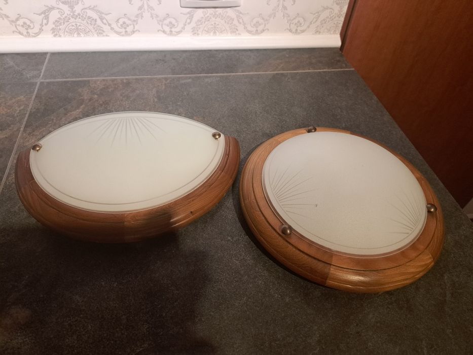 Zestaw lamp plafon+kinkiet - szkło + drewno