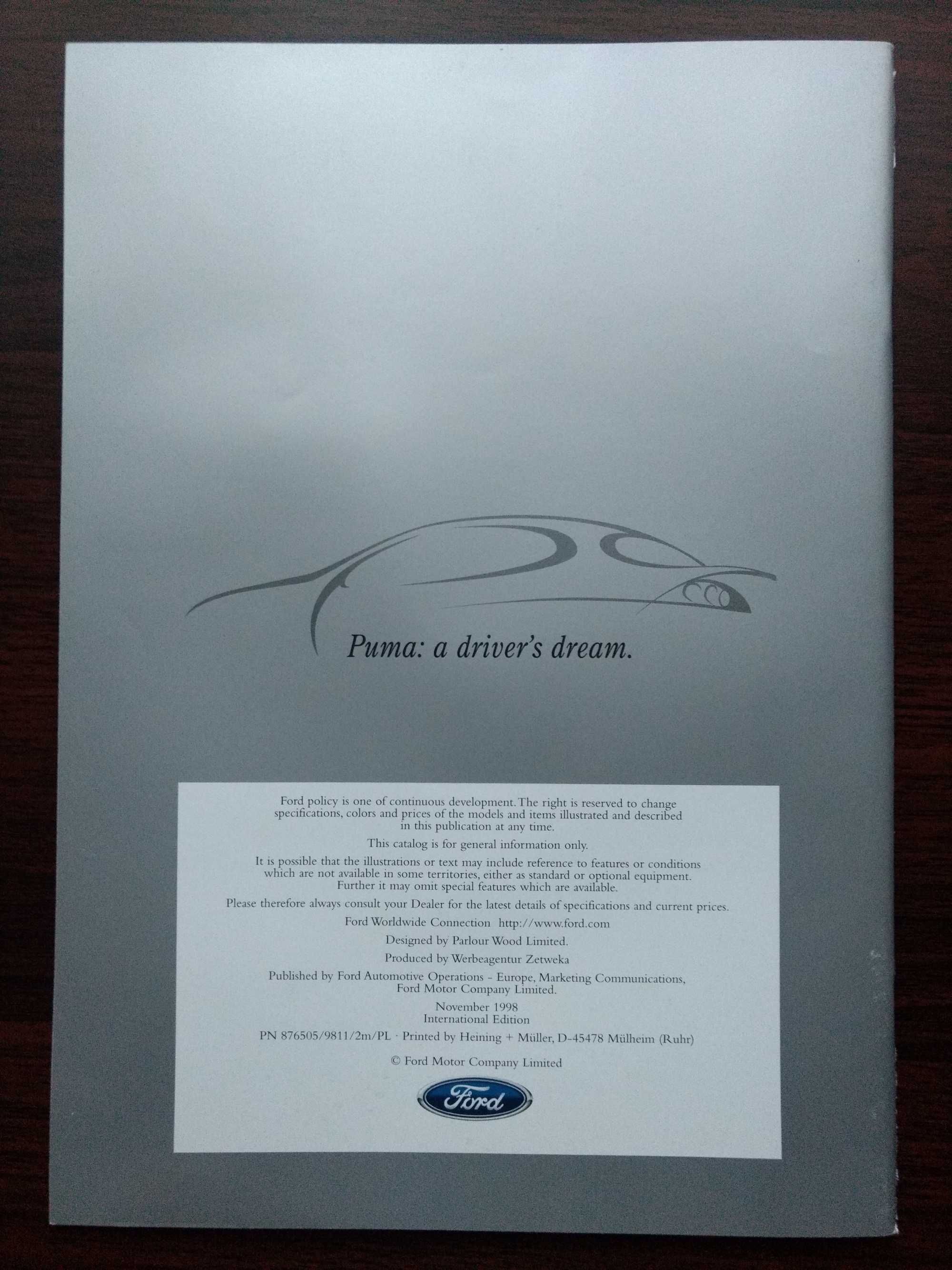 Prospekt katalog Ford Puma 1998r., język angielski