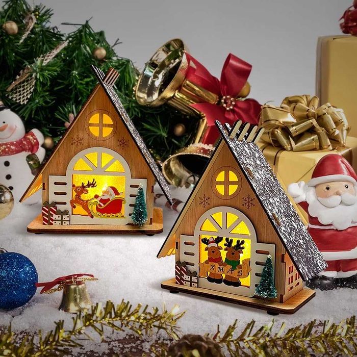 Drewniane Domki Chatki Świąteczne LED Zestaw 2 szt. na Boże Narodzenie