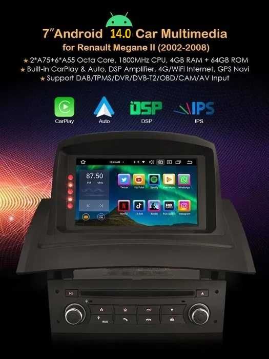 Auto-rádio 2 din android 14 Megane 2 (2002 a 2008)