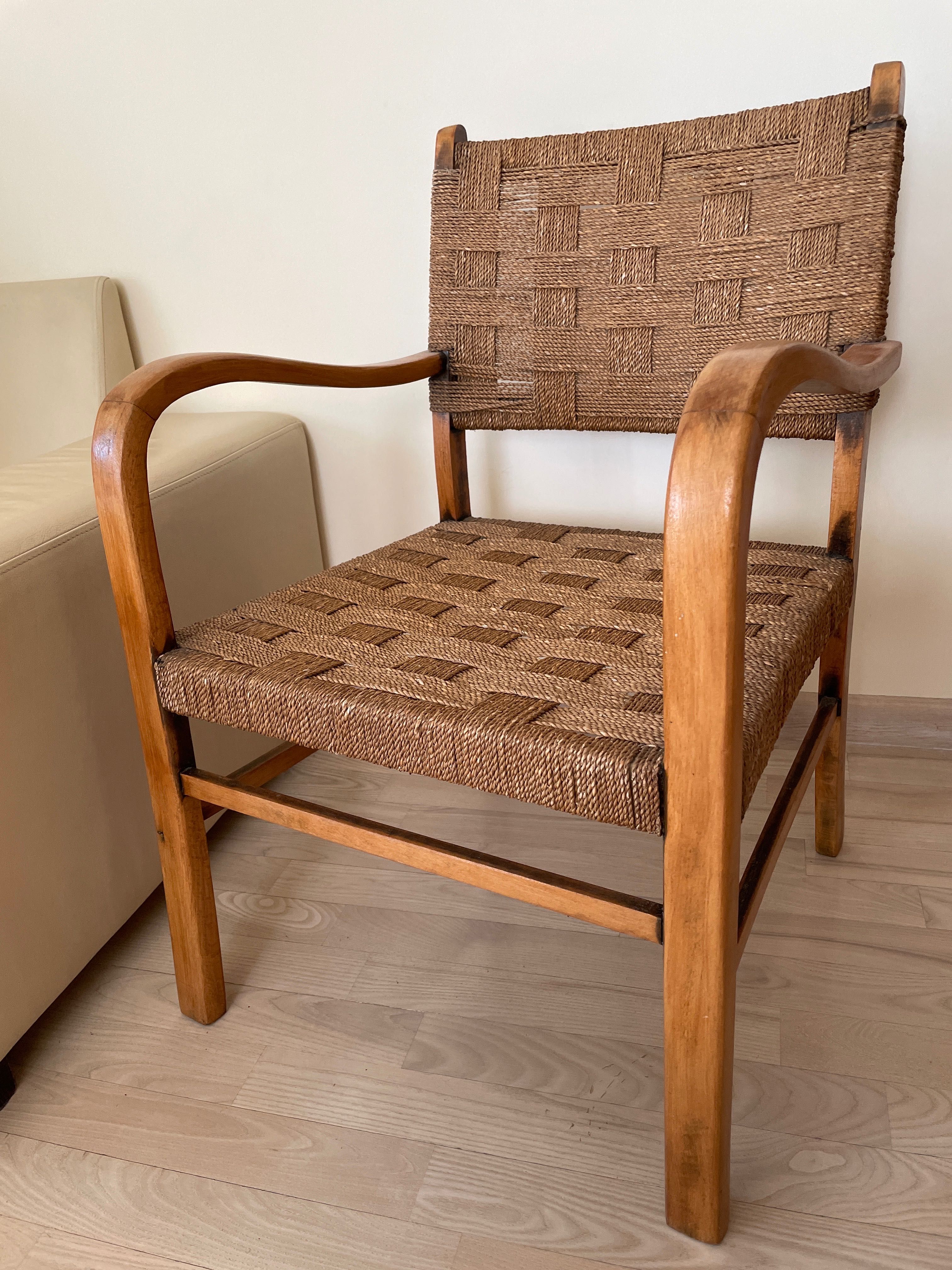 Fotel pleciony drewniany sznurkowy lata 60/70 vintage ogród siedlisko