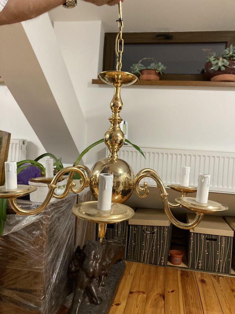 Pozłacany mosiężny żyrandol lata 90 glamour lampa sufitowa vintage
