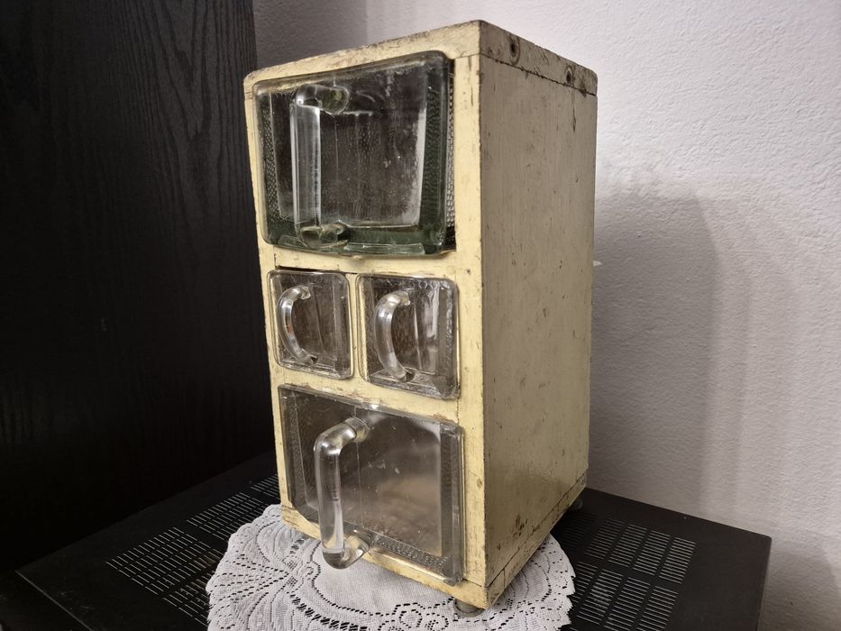 Drewniany stojak Szufladki szklane na przyprawy vintage prl design