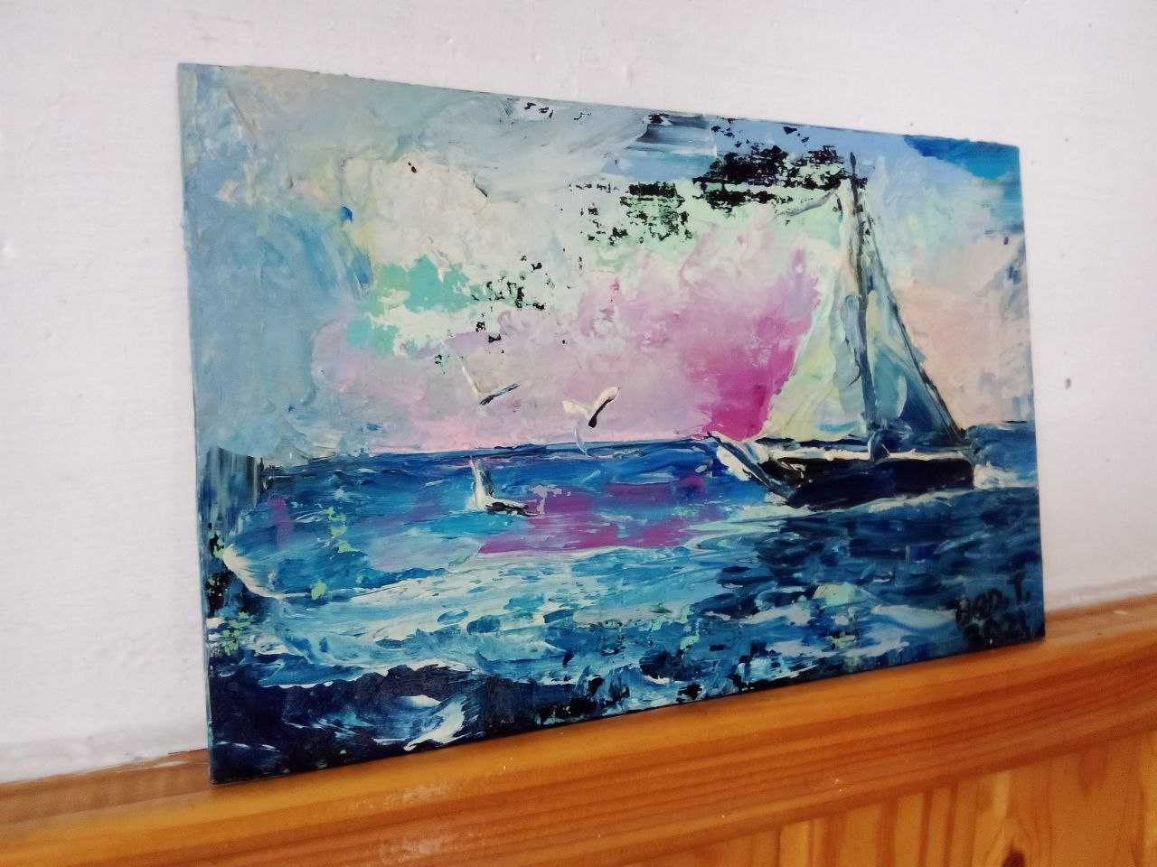 Картина "Морской пейзаж с лодкой", масло, миниатюра 22,3#14,0 см.